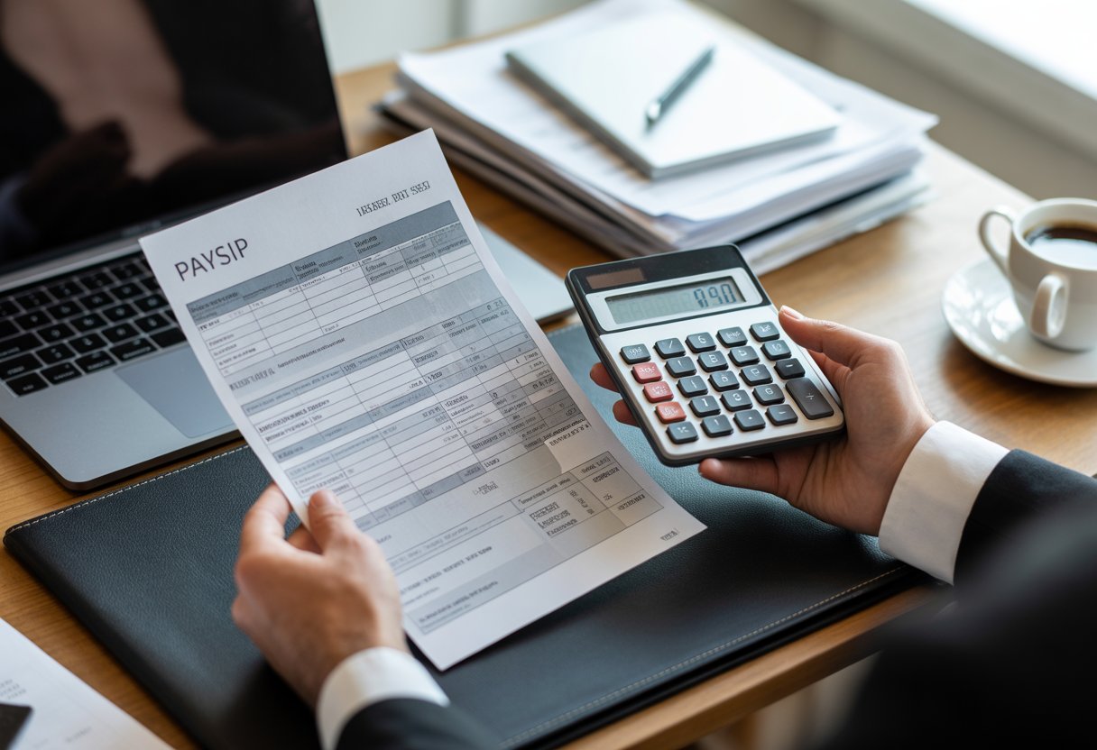 A person holding a payslip and a calculator at a tidy office desk with a laptop and documents nearby.