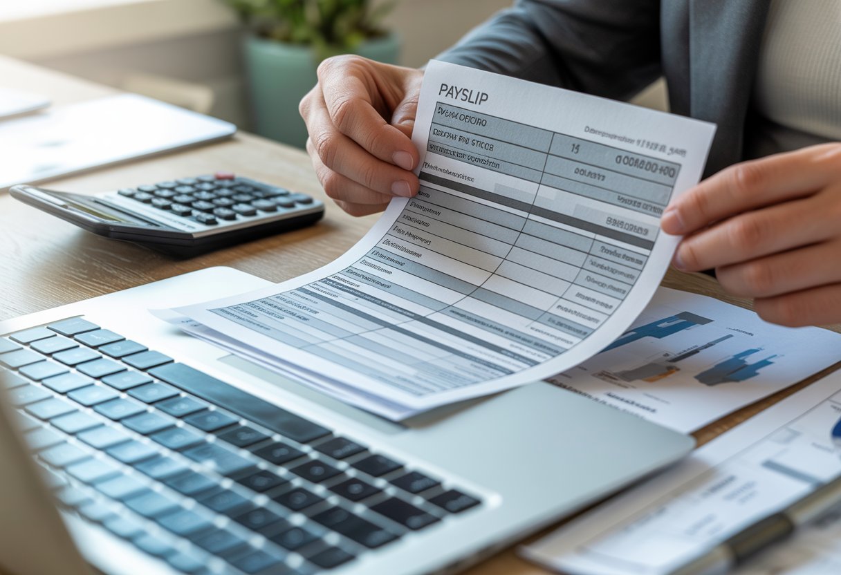 Close-up of hands holding a payslip on a desk with a calculator, pen, and laptop nearby.