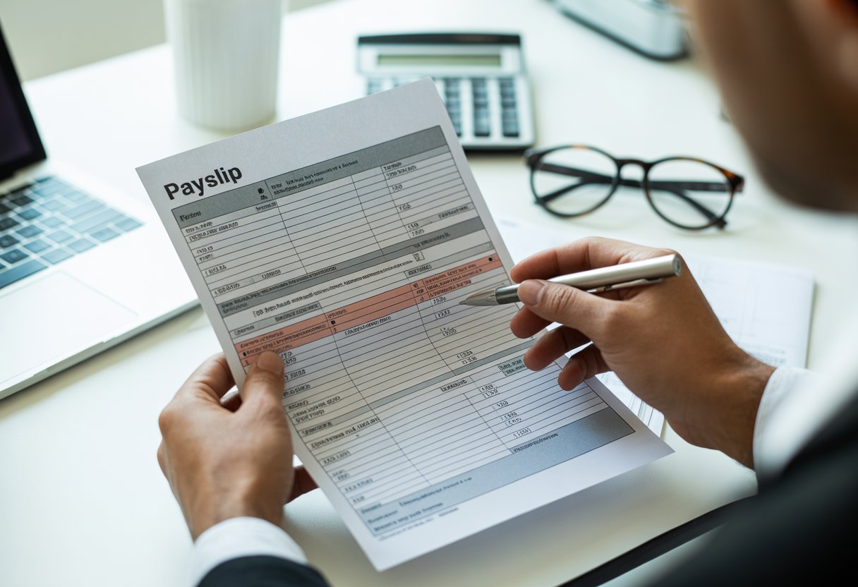 Close-up of hands holding a payslip with a pen pointing at deductions, on a desk with a laptop and calculator.
