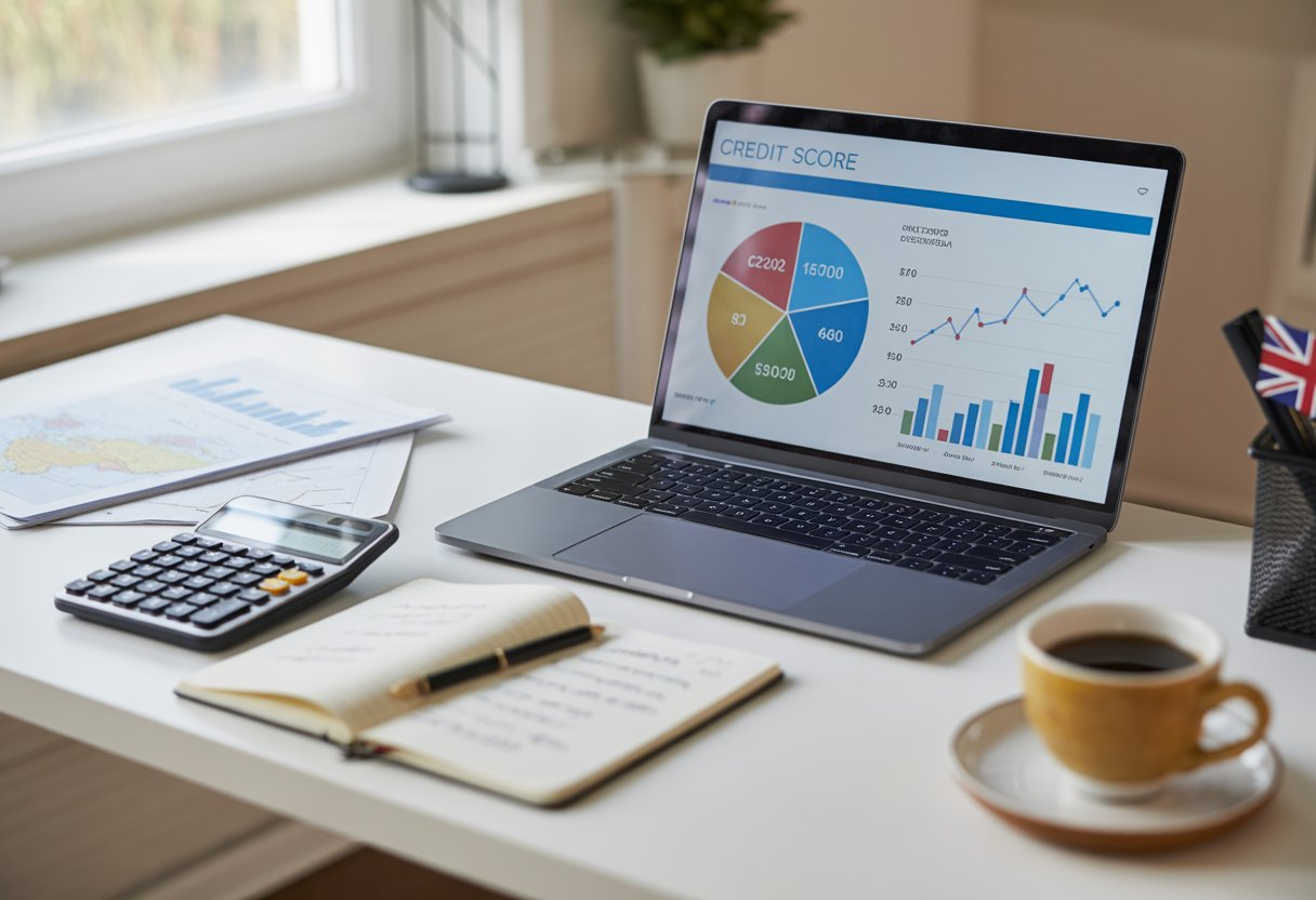 A tidy desk with a laptop showing credit score graphs, a calculator, a notepad, and a cup of coffee by a window with natural light.