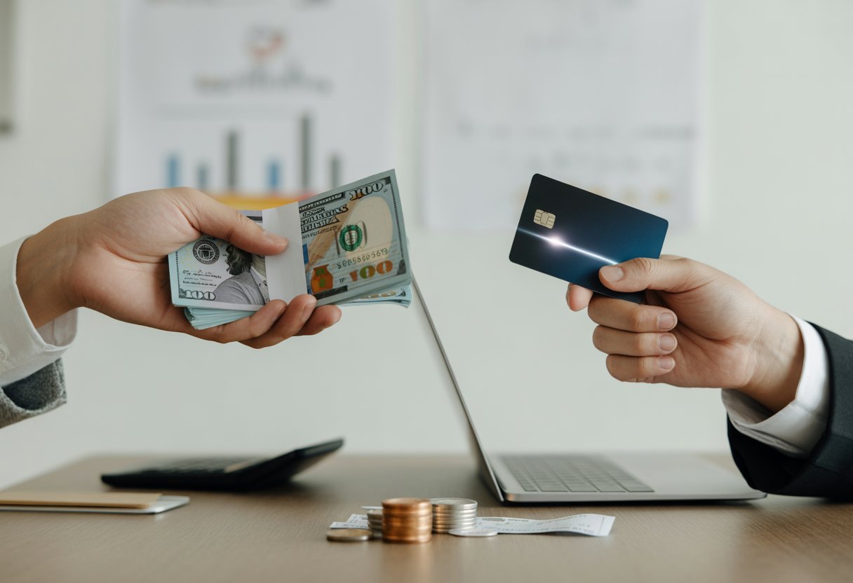 Two hands holding cash and a credit card above a wooden table with coins and receipts in a bright office setting.