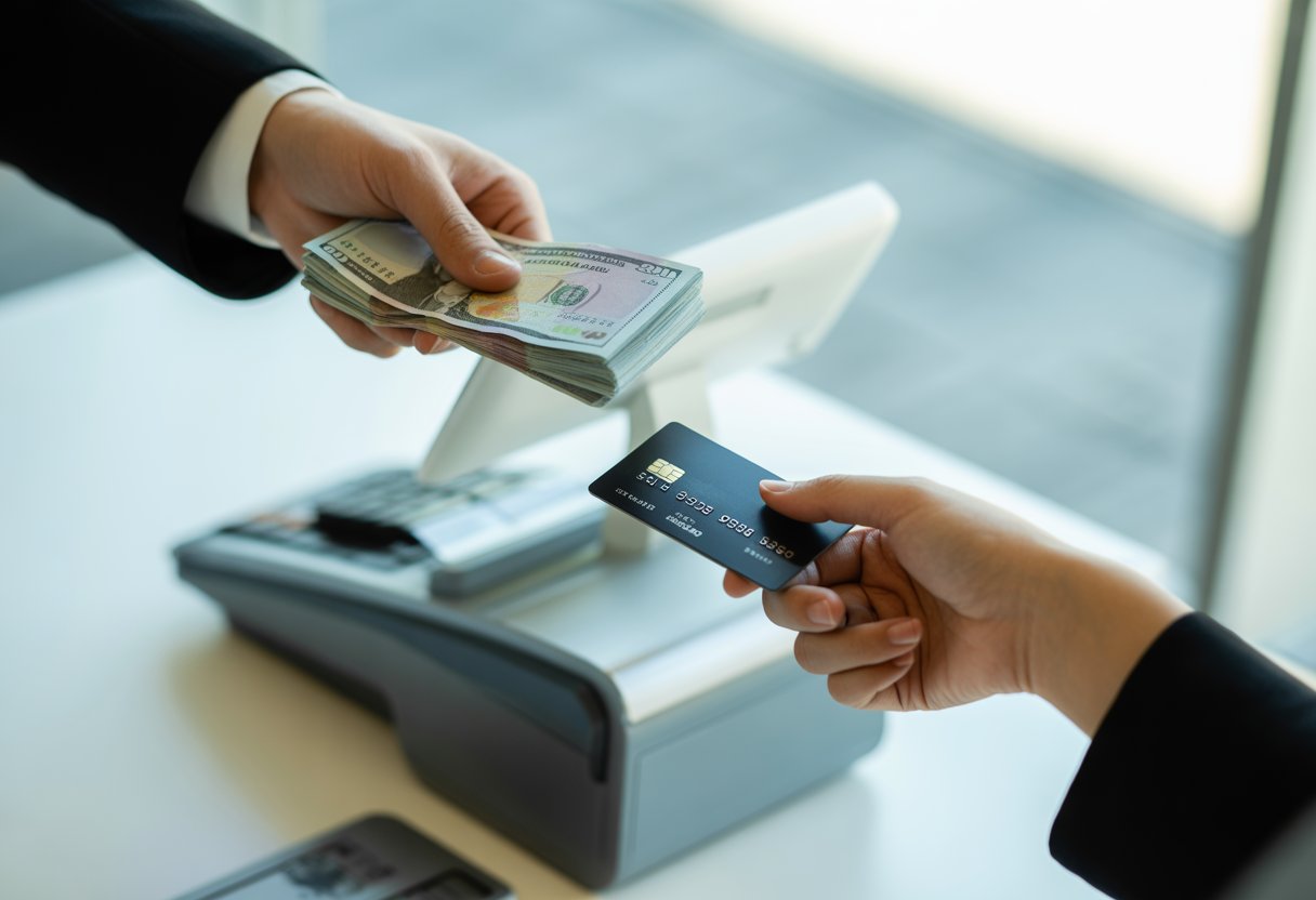 Two hands exchanging cash and a credit card in a bright, modern setting.
