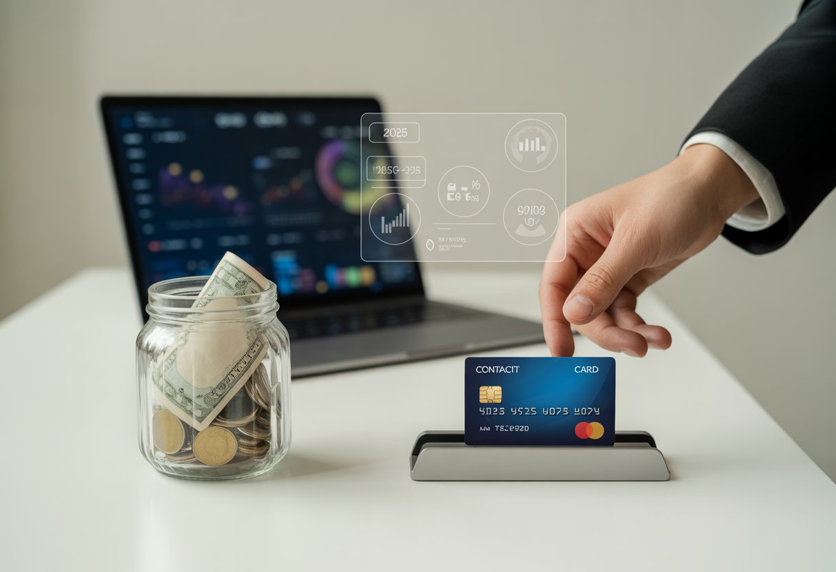 A workspace showing a laptop with financial charts, a jar of cash, and a contactless credit card on a desk with a person reaching for the card.