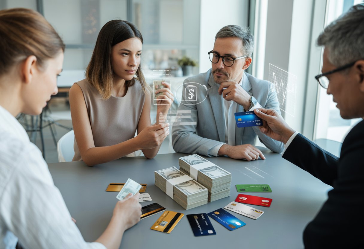 Two people sitting at a table comparing cash and bank cards while discussing financial choices in a modern office.