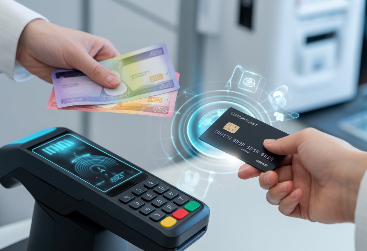 Hands holding futuristic cash and a contactless payment card at a modern payment terminal with biometric security features in a retail setting.