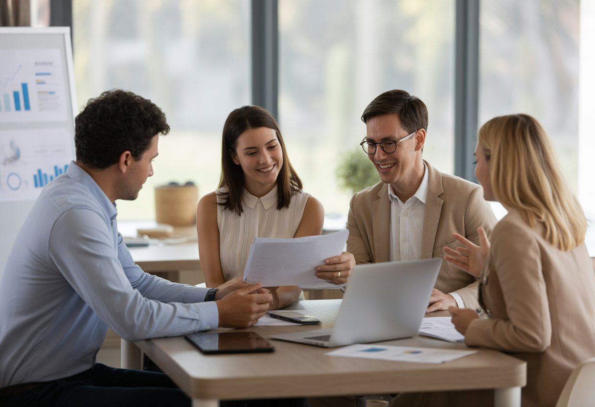 A financial advisor discussing paperwork with a young couple in a bright office, with charts visible in the background.