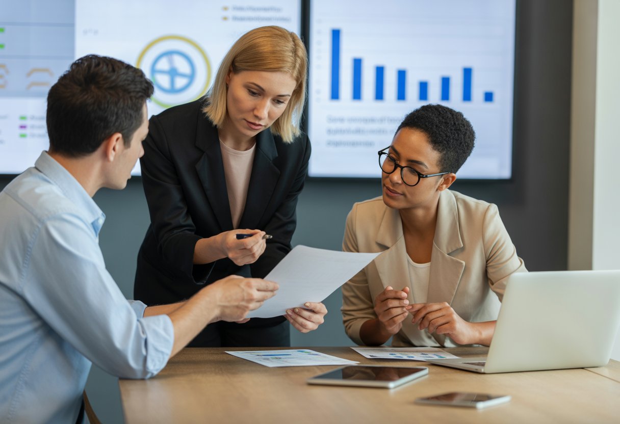 A group of people discussing financial documents around a table in a modern office setting.