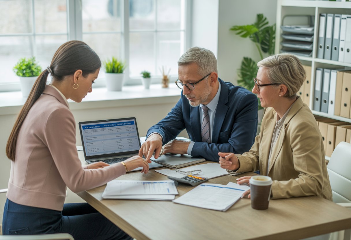 A group of people in an office discussing information on a laptop with documents and a calculator on the desk.