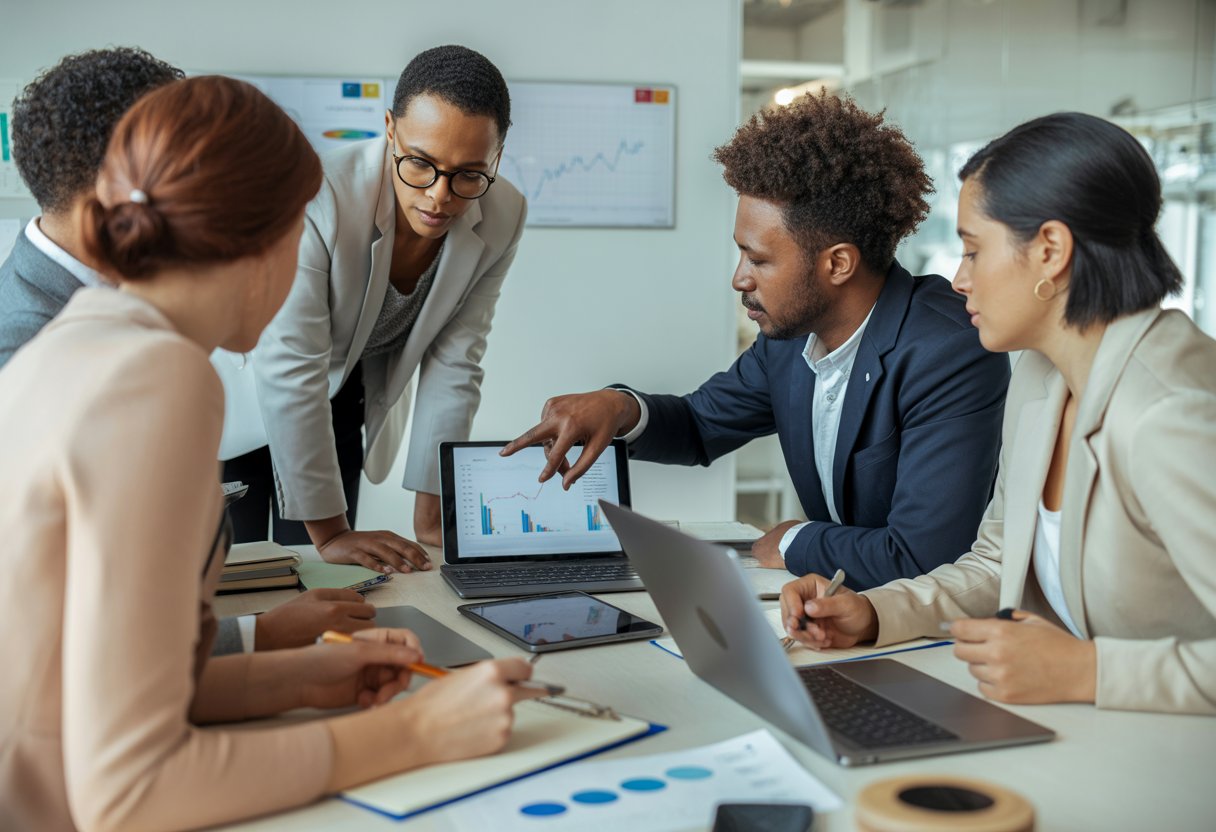 A group of adults discussing financial information around a table in a bright office.