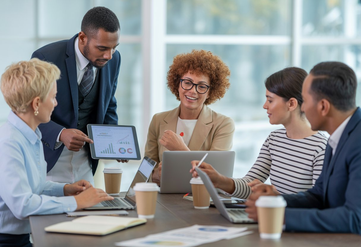 A group of adults discussing financial documents and using a tablet in a bright office setting.