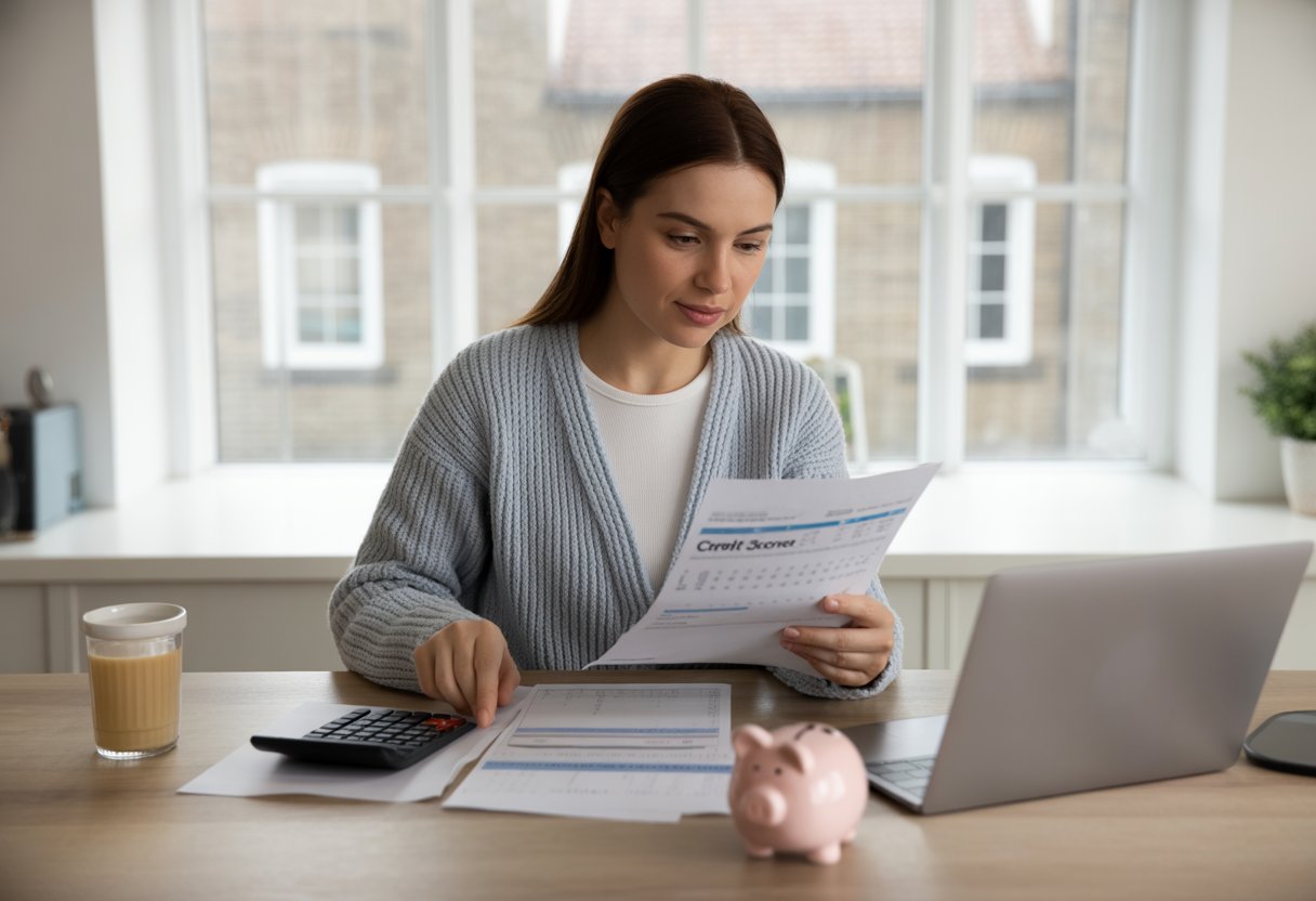 A young woman at a desk in a home office reviewing financial documents and using a laptop with a credit score report visible on the screen.
