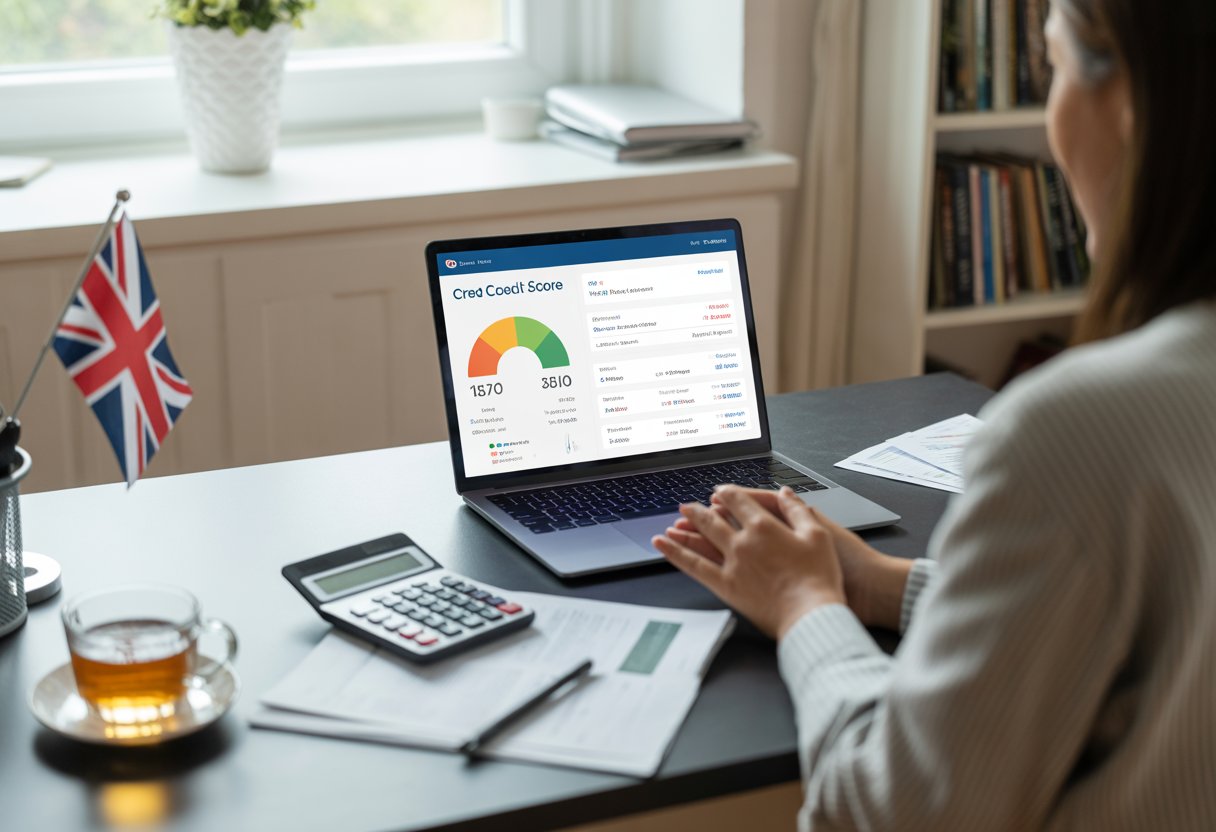 A person working at a desk with a laptop and financial documents in a bright UK home office.