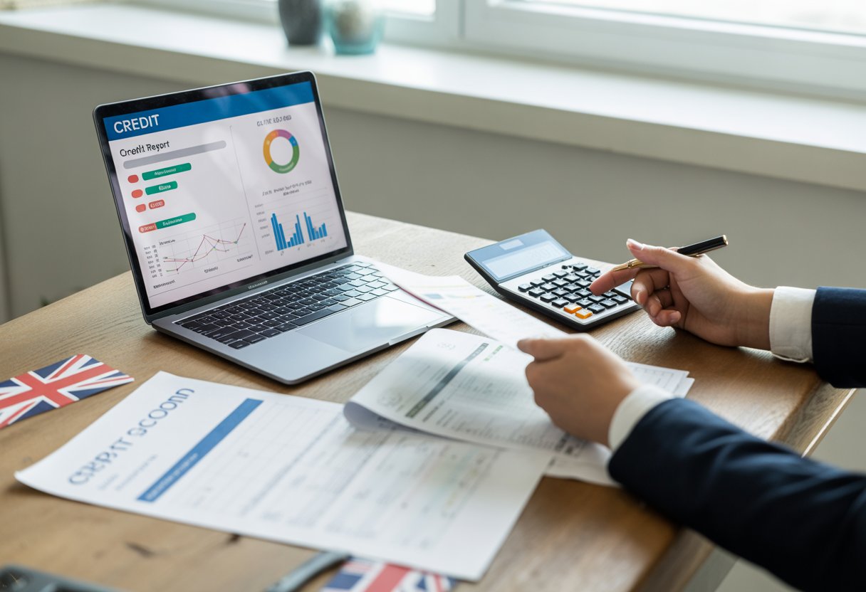 Person reviewing financial documents and a credit report on a laptop at a tidy desk in a bright office with UK elements.