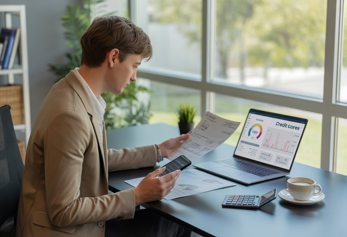 A young professional in an office reviewing financial documents and a laptop with credit score charts, surrounded by office supplies and natural light.