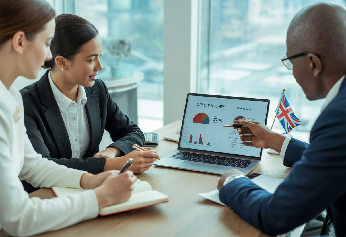 Three adults in an office discussing credit score information on a laptop with a city view in the background.