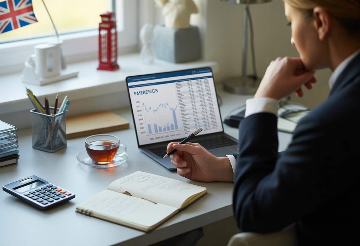 Person sitting at a desk with financial documents, calculator, and laptop in a bright room with UK-themed decor.