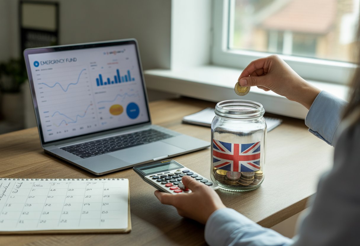 A person placing a coin into a glass jar filled with British pounds on a desk with a laptop showing financial charts in a home office.
