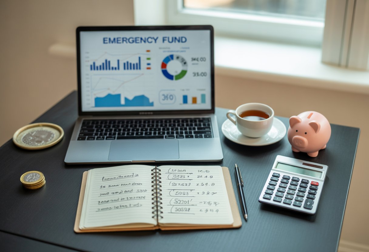 A desk with a laptop showing financial charts, a calculator, a notepad, a cup of tea, a UK pound coin, and a piggy bank.