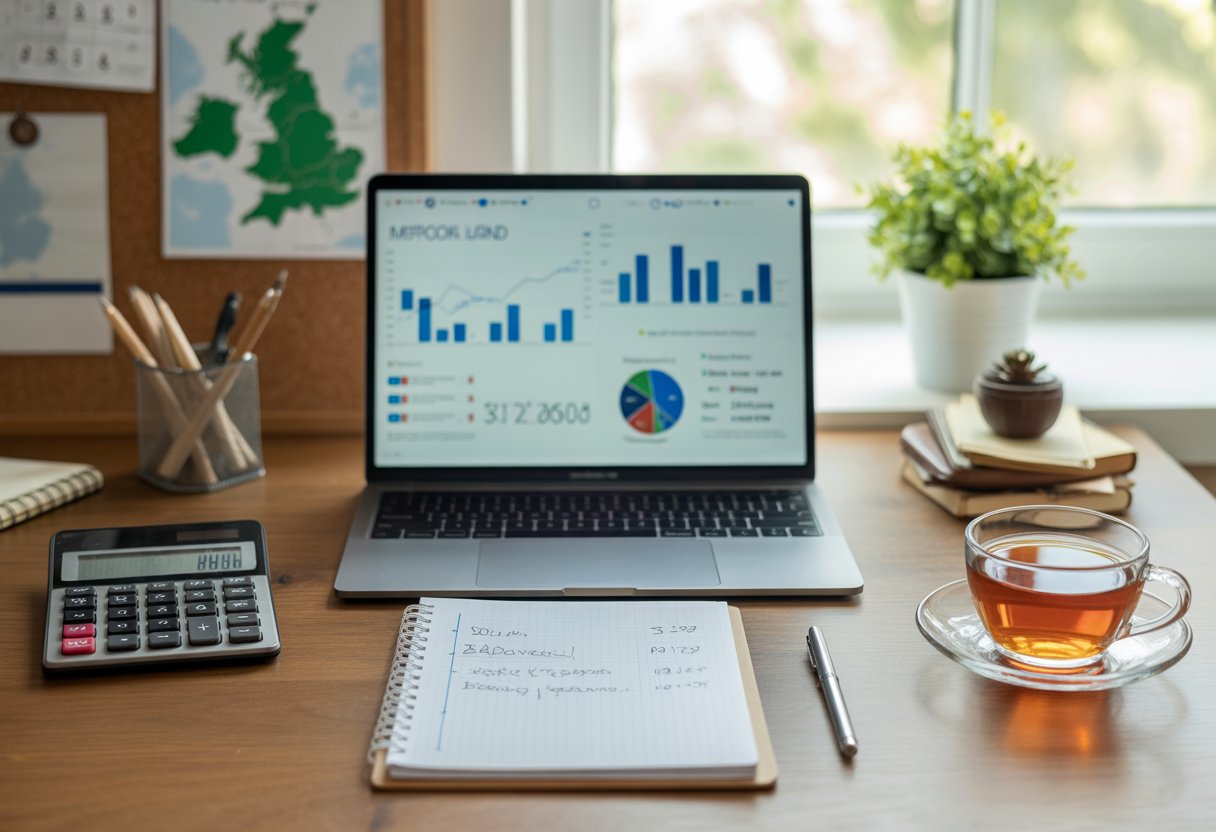 A home office desk with a laptop showing financial charts, a calculator, notepad, cup of tea, and a UK map on a corkboard in the background.