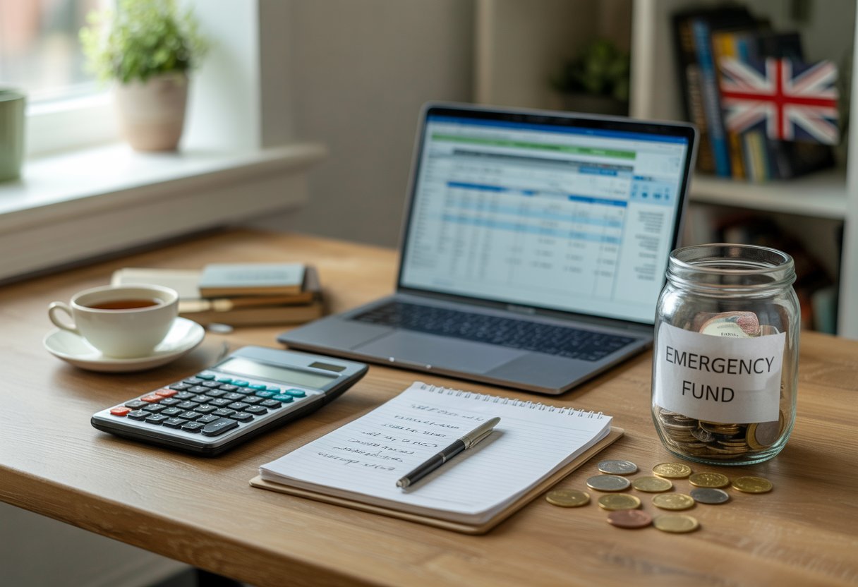 A tidy home office desk with a laptop, calculator, notepad, and a glass jar filled with British coins labelled as an emergency fund.