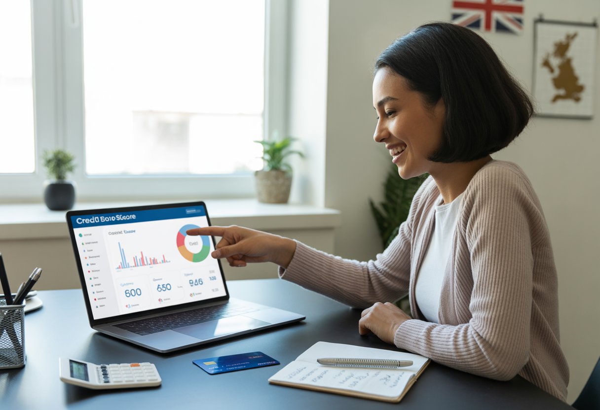 A young woman at a desk using a laptop showing financial charts, with a credit card and calculator nearby, in a bright office with UK-themed decor.