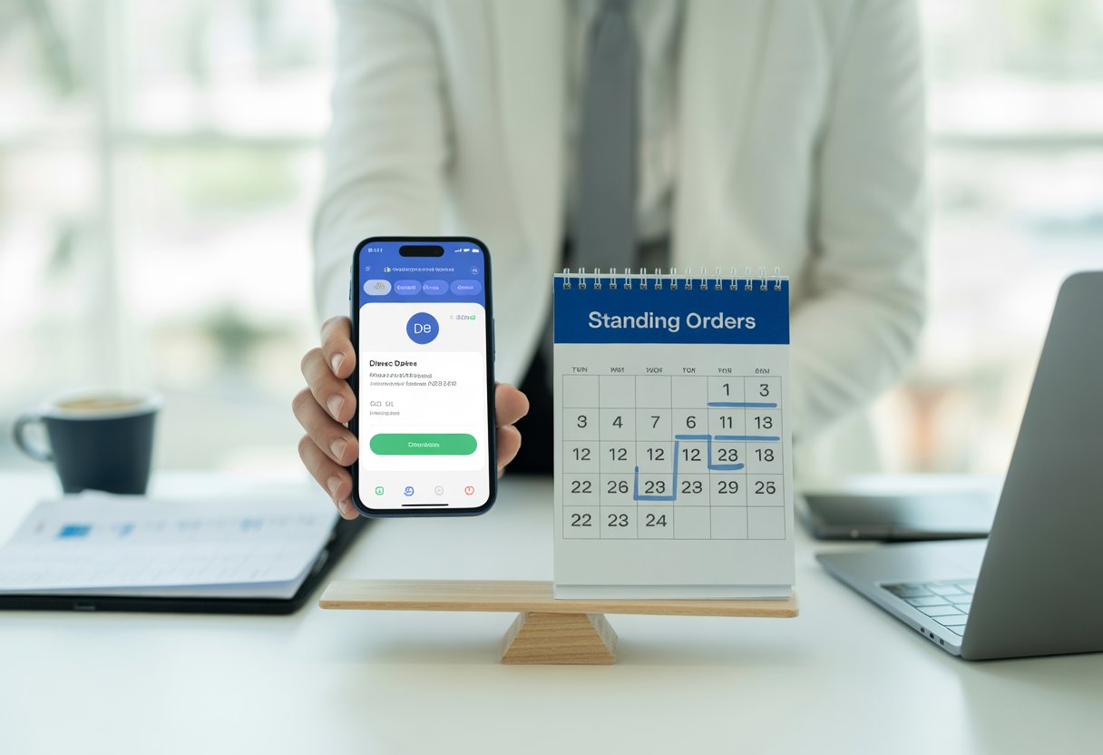 A desk showing a hand holding a smartphone with a banking app and a calendar marked with a payment date, symbolising a comparison between two payment methods.