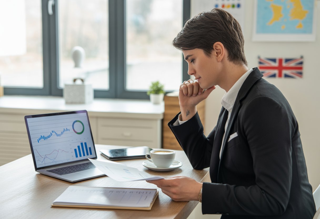 A young professional reviewing pension documents at a desk in a bright office with financial charts on a laptop screen.