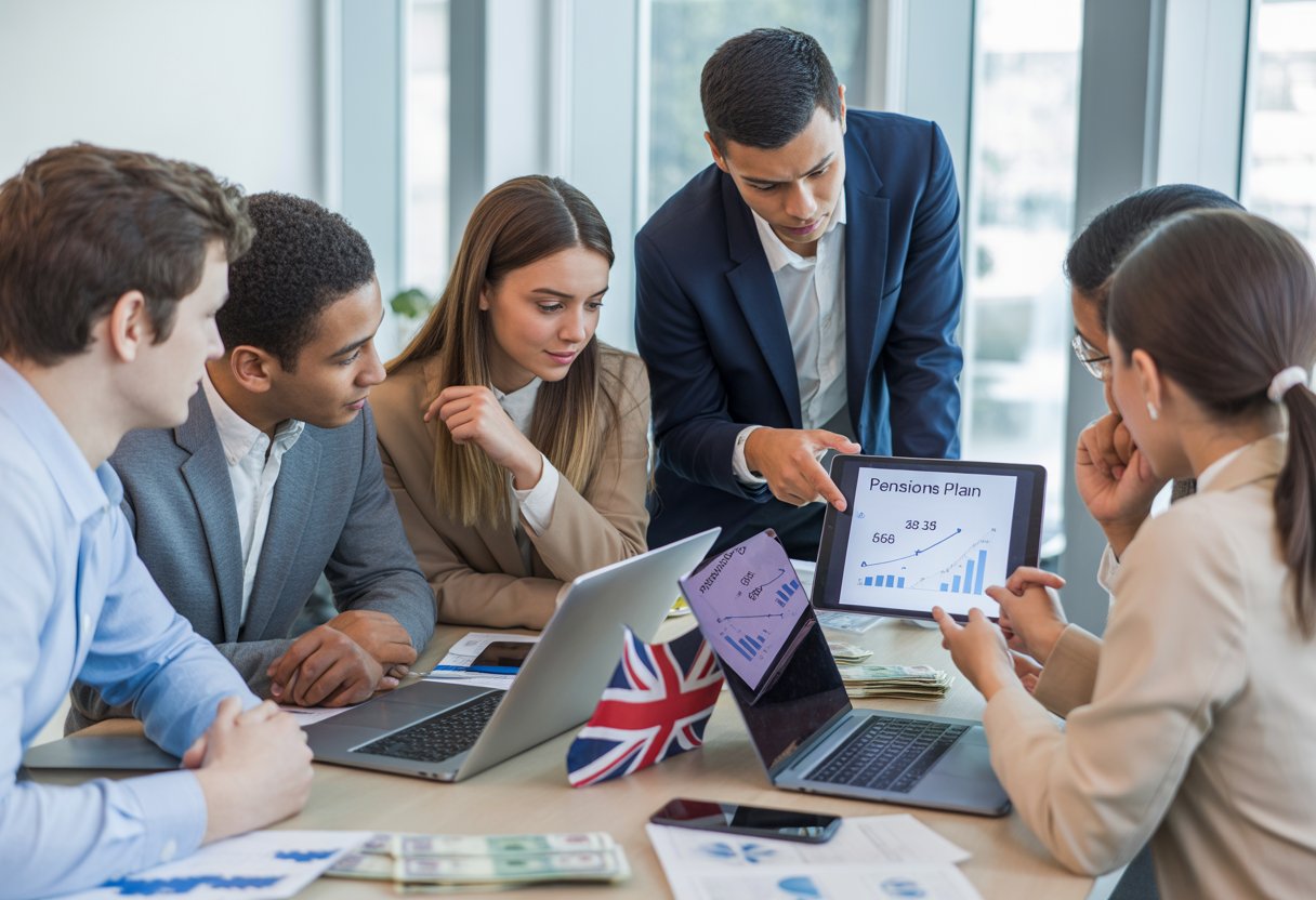 A group of young UK workers discussing financial documents about pensions around a table in a bright office.