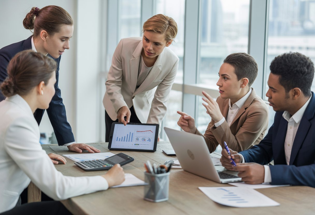 A group of young UK professionals discussing financial planning around a table in a bright office.