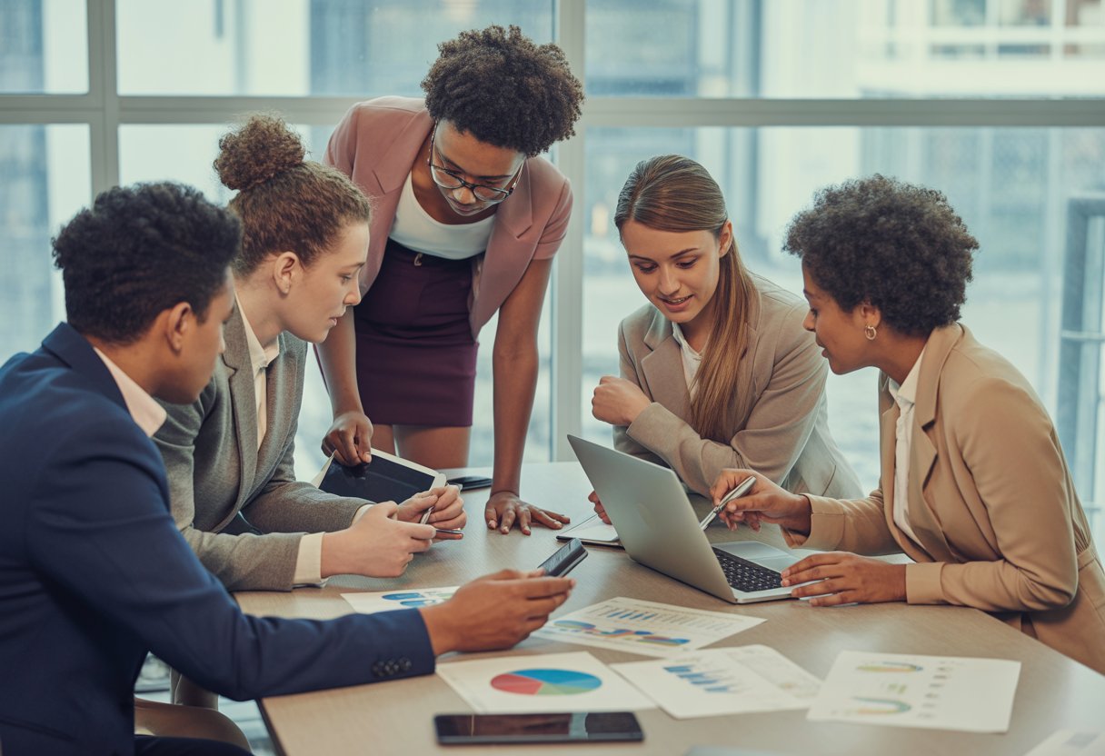 A group of young UK workers around a table reviewing pension documents and digital charts in a modern office.