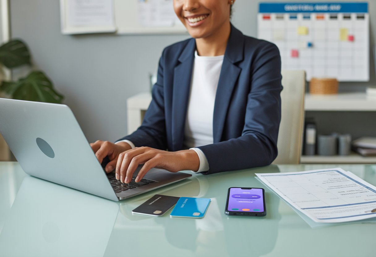 A person sitting at a desk using a laptop with bank cards and a smartphone nearby, in a modern office setting.
