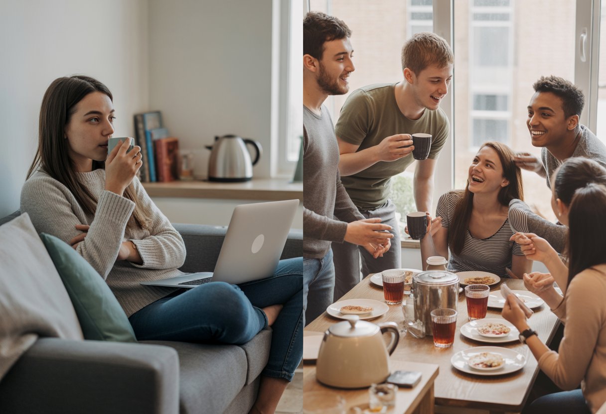 Split scene showing a young adult alone in a tidy flat on one side and a group of friends socialising in a shared flat on the other side.