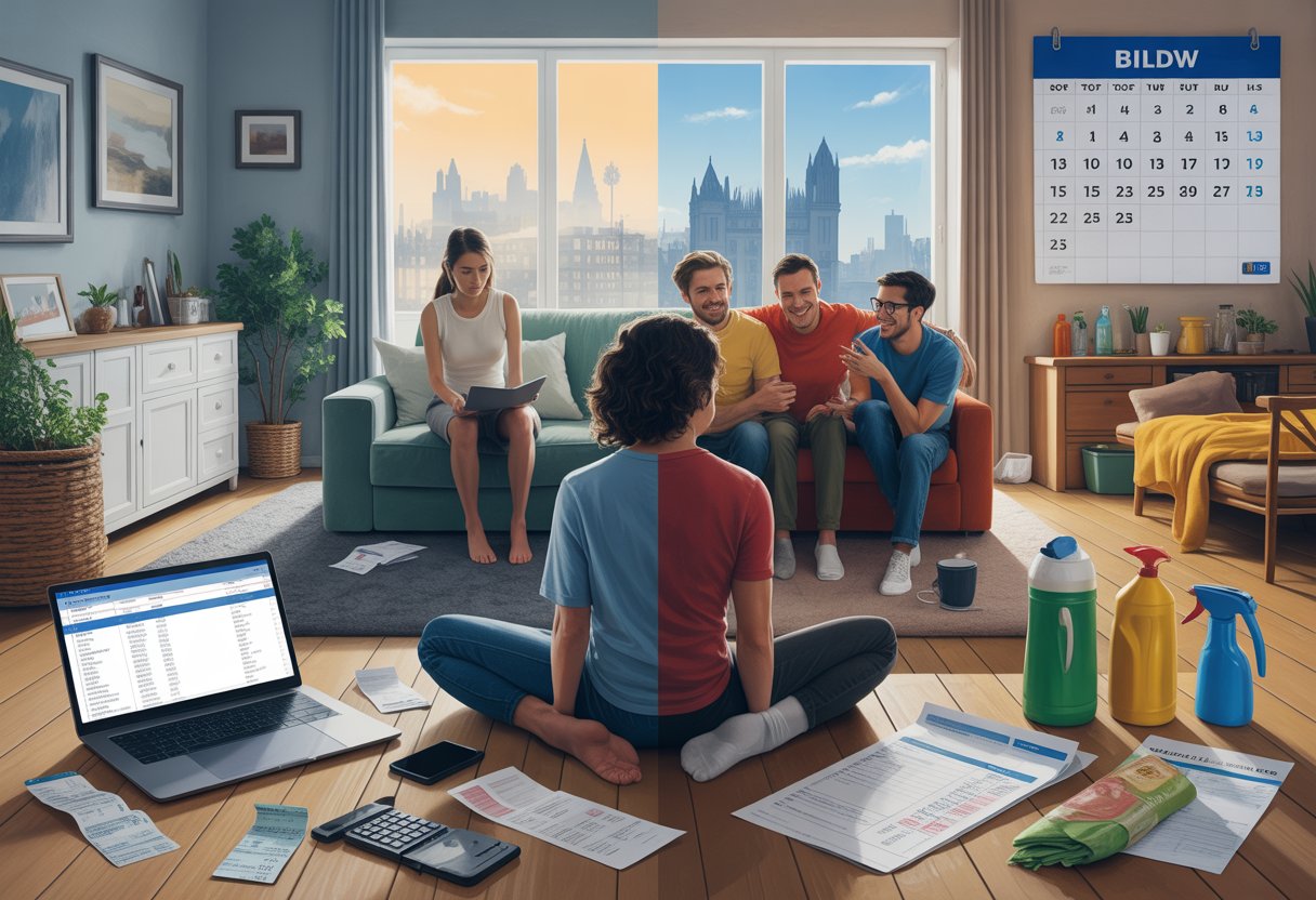 Split scene showing a young adult managing bills alone in an apartment and a group of flatmates interacting in a shared living room with household items.