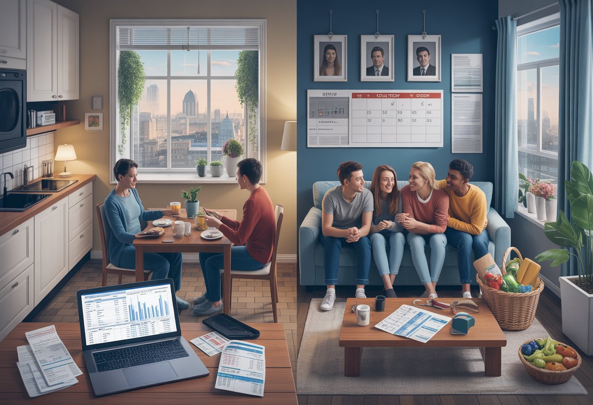 A split scene showing a person managing bills alone on one side and a group of people sharing a flat with shared expenses on the other side inside a UK apartment.