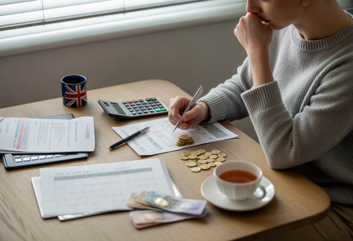 Person sitting at a table by a window, reviewing finances with a calculator, coins, notes, and budgeting papers in a modest UK home.