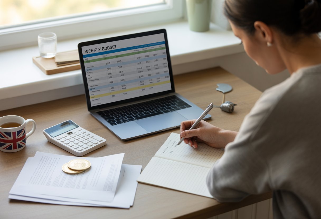 A person sitting at a table with budgeting documents, a calculator, and a laptop, working on their weekly finances in a modest home setting.