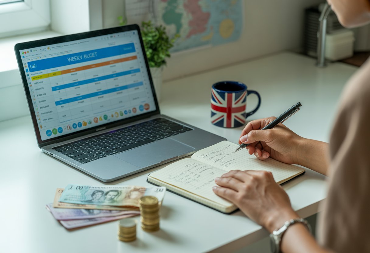 Person working on a weekly budget at a desk with a laptop, notebook, and UK currency notes in a home setting.