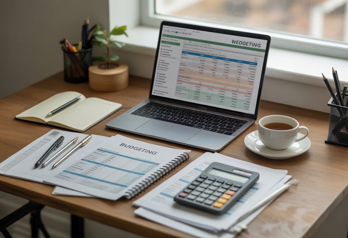 A tidy desk with a laptop, printed budget sheets, calculator, and a cup of tea near a window showing a UK residential street.