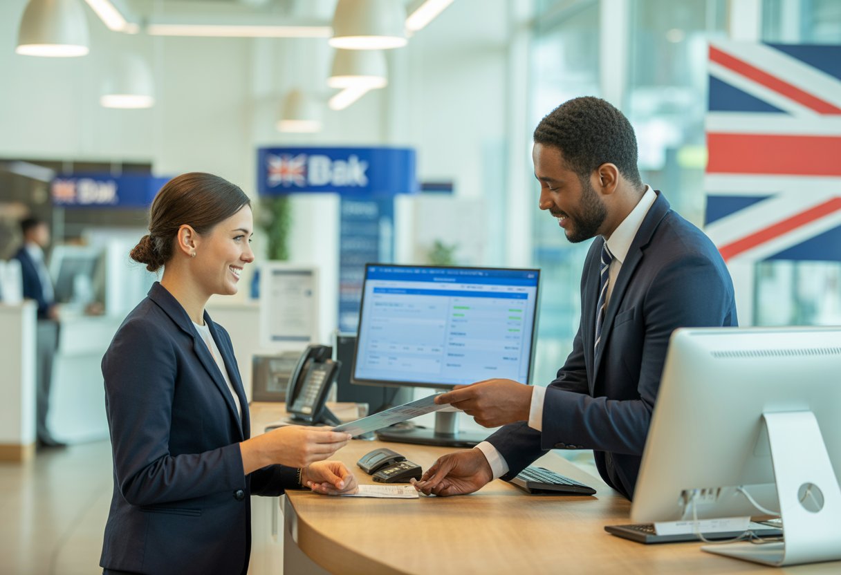 A bank advisor helping a customer at a UK bank branch counter, with documents and a computer screen visible.