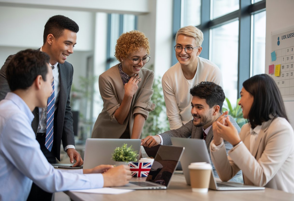 A diverse group of UK workers in an office, smiling and collaborating around a table with laptops and documents.