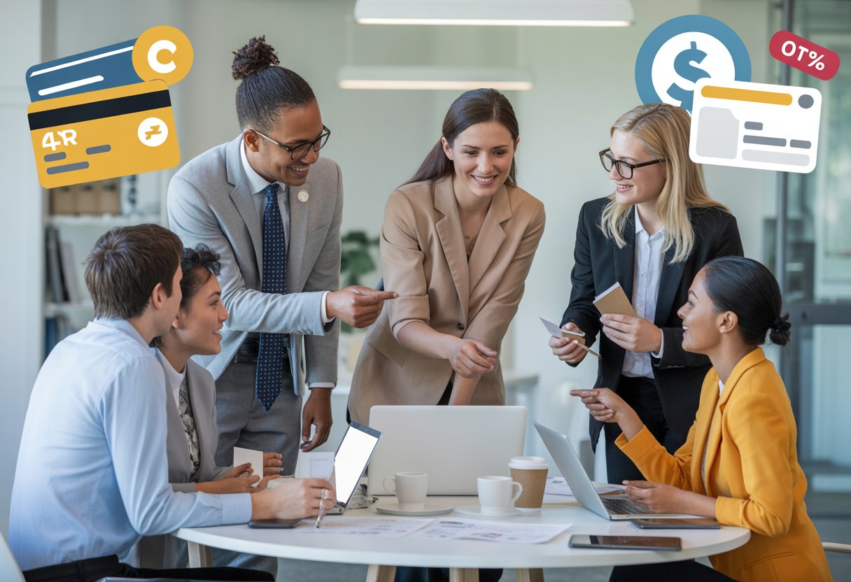 A group of UK office workers discussing documents and laptops around a table in a bright modern office.
