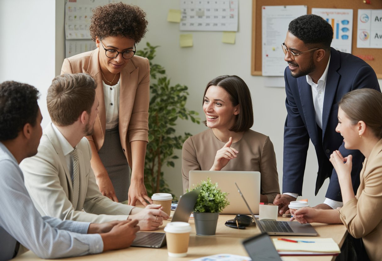 A diverse group of UK office workers discussing health, wellness, and family support programmes around a table in a bright, modern workspace.
