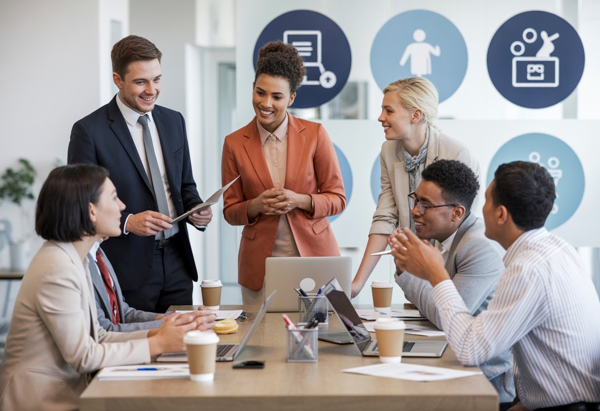 A diverse group of UK office workers discussing around a conference table in a modern workplace.