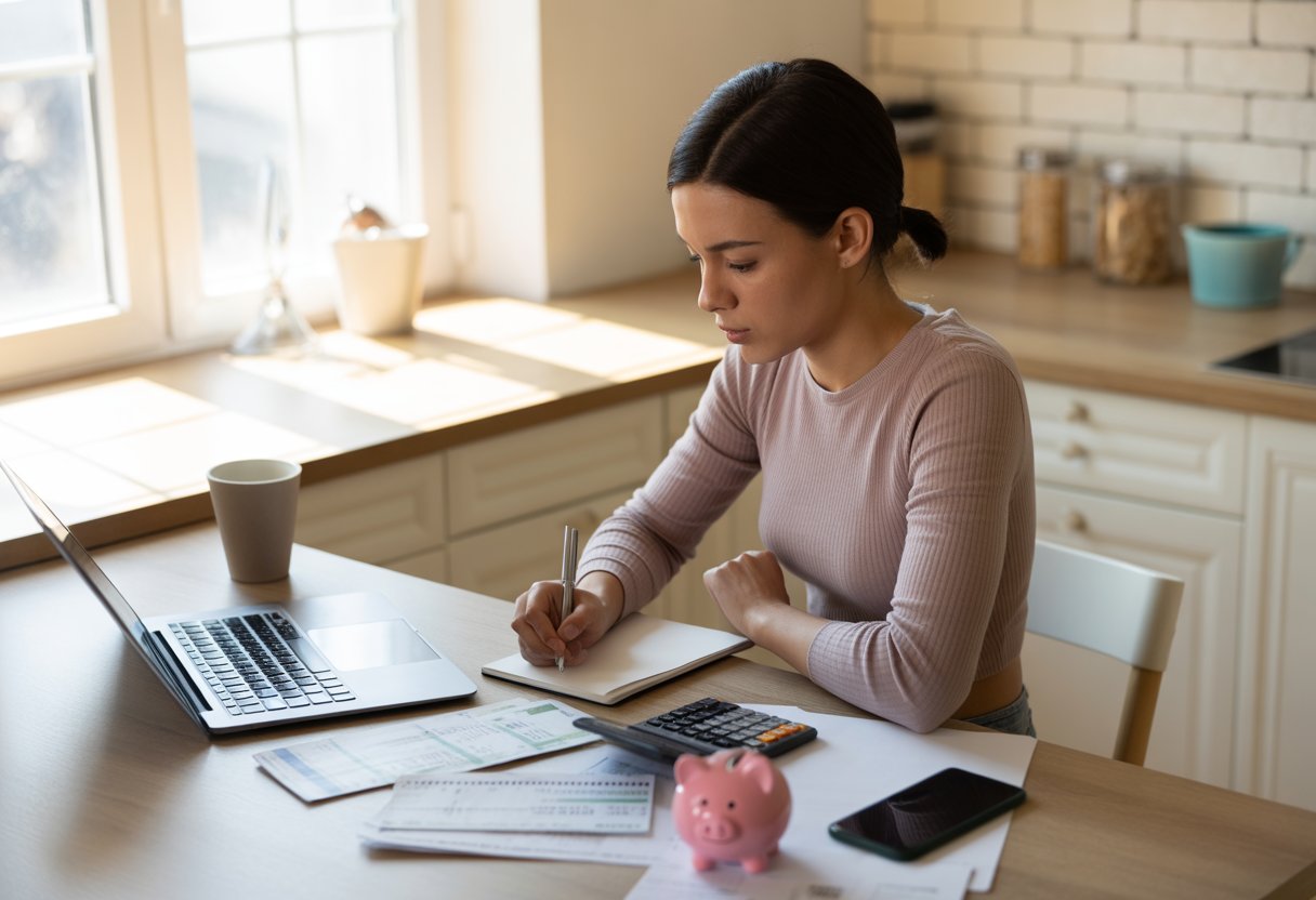 A young adult sitting at a kitchen table with a laptop, calculator, bills, and a piggy bank, writing notes while budgeting finances.