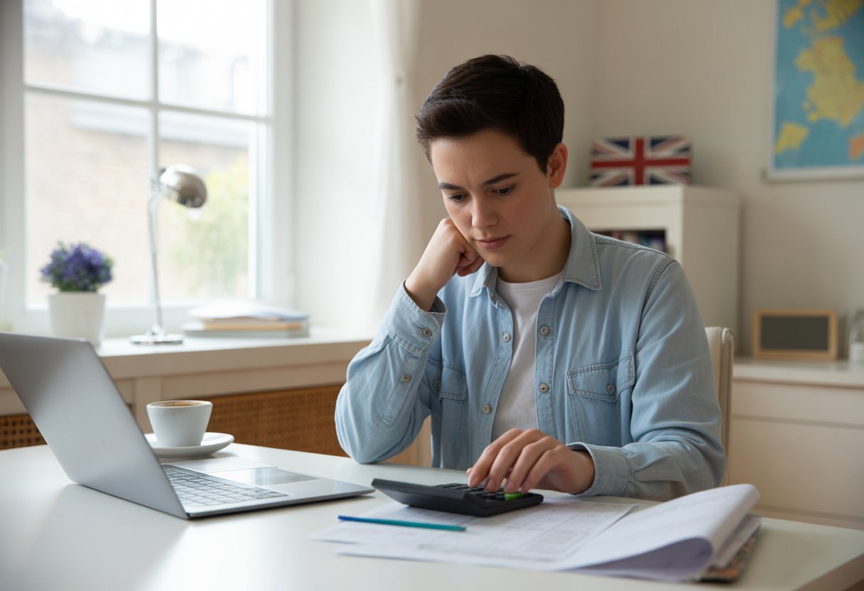 A young adult sitting at a desk in a home office, using a calculator and reviewing budget papers with a laptop nearby and natural light coming through a window.