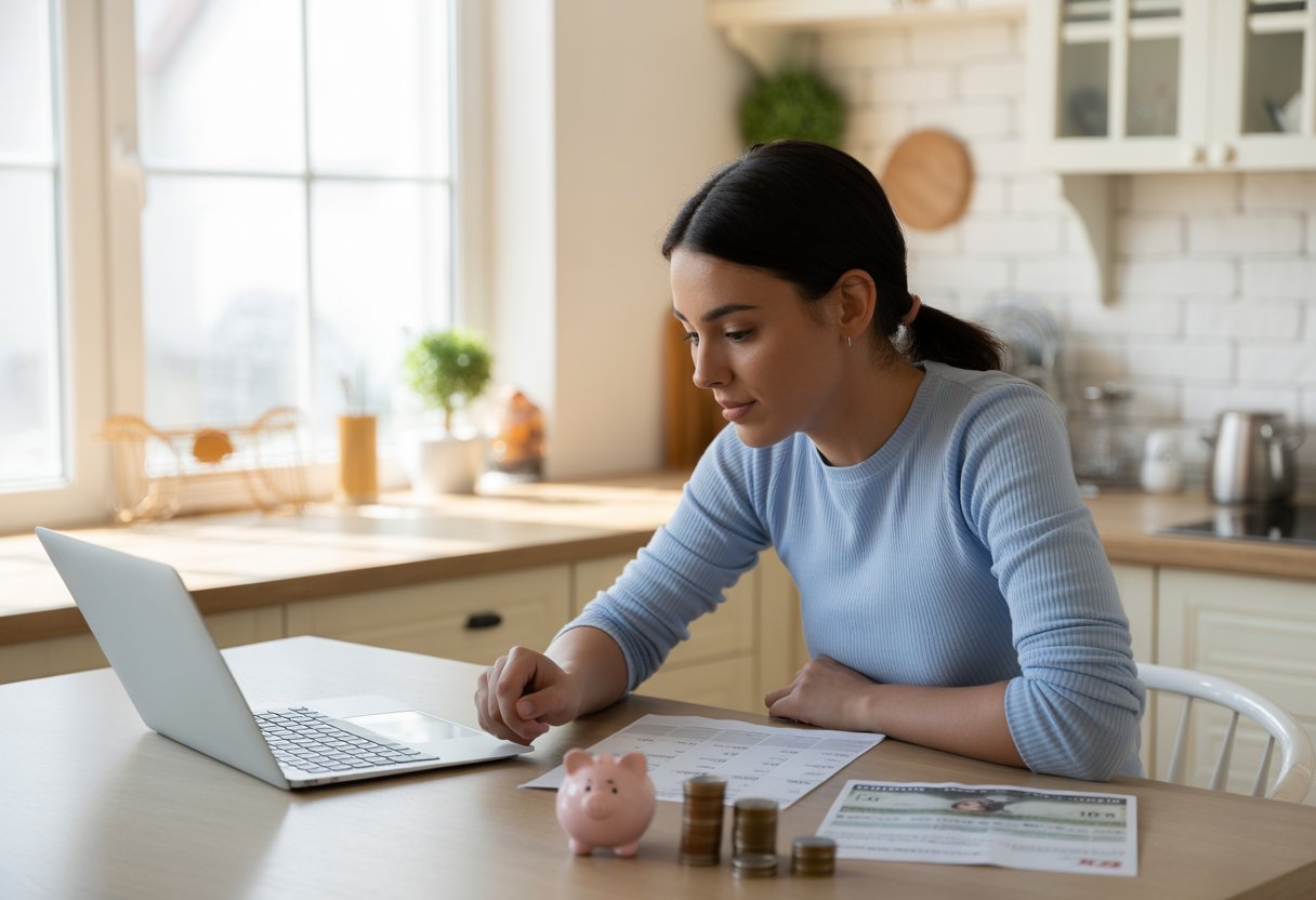 A young adult sitting at a kitchen table with a laptop, coins, notes, and a piggy bank, looking focused while reviewing a budget.
