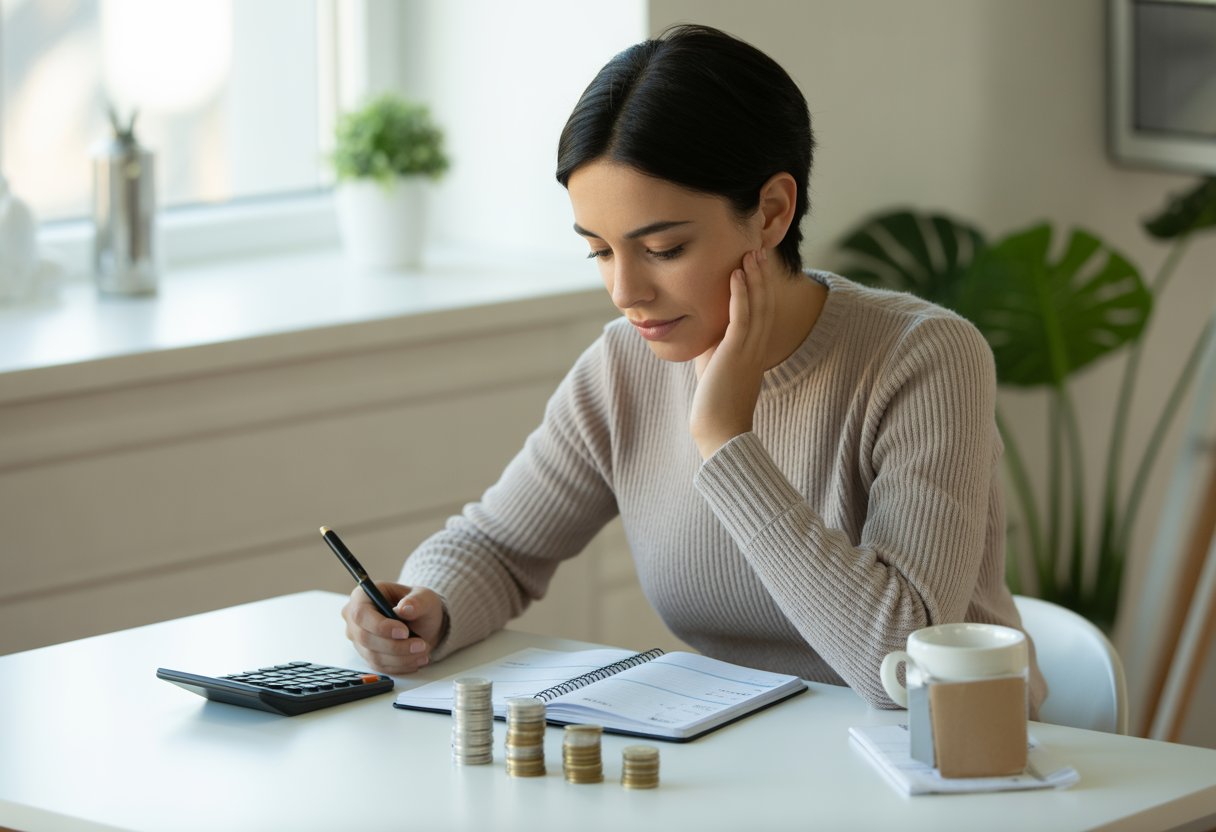 A young adult at a desk reviewing a budget planner with coins and a calculator nearby in a bright home office.