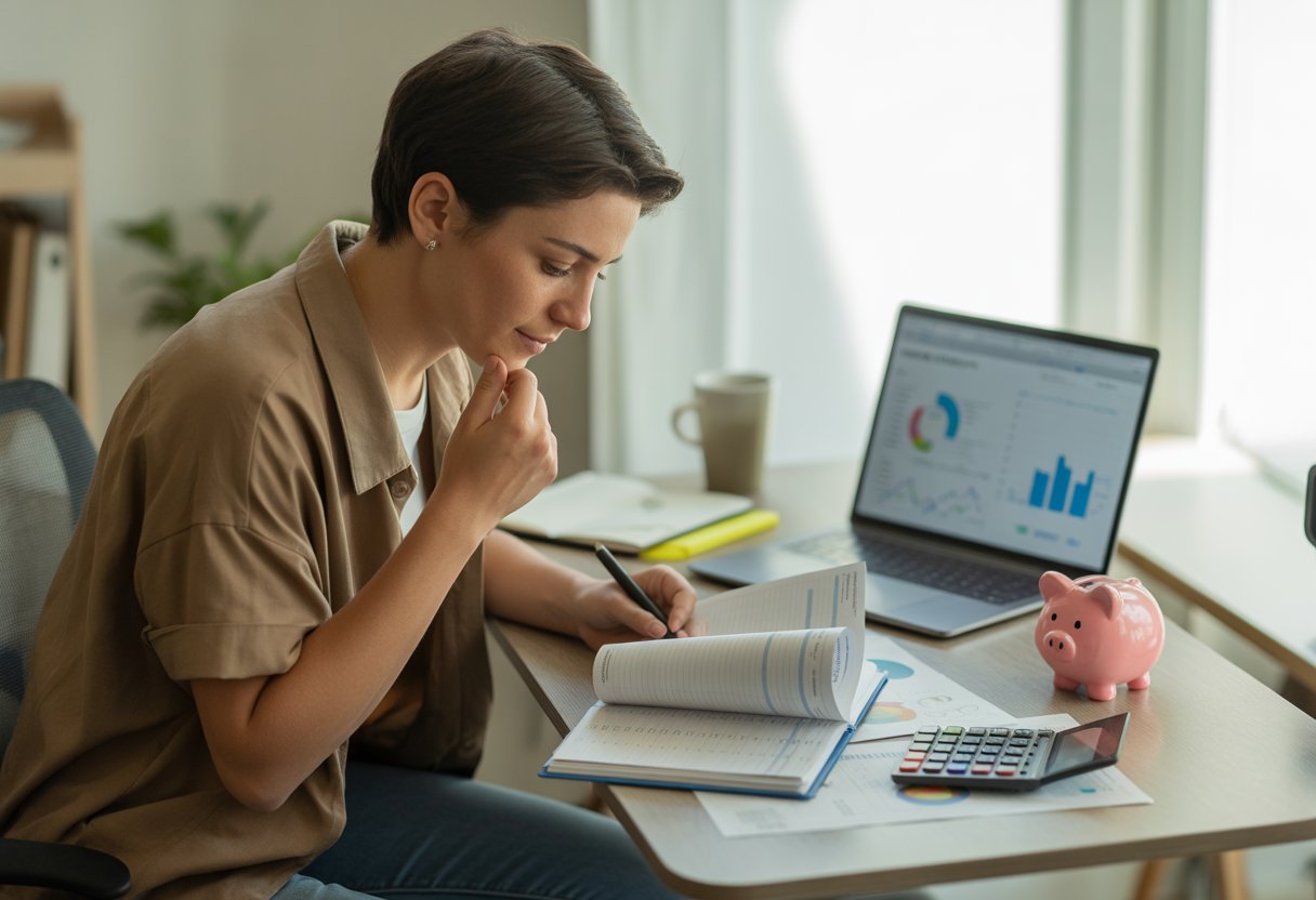 A person sitting at a desk reviewing financial documents with a calculator, laptop, and piggy bank nearby in a bright home office.