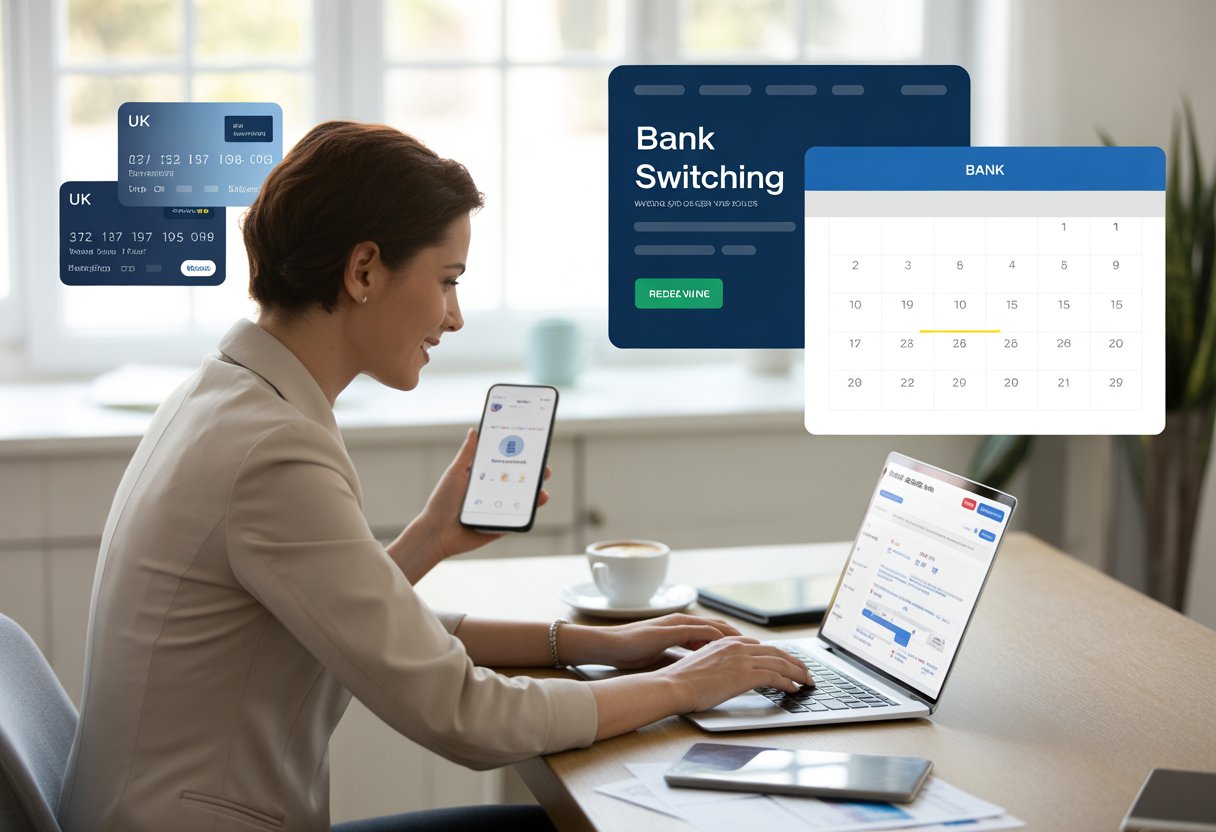 A person using a laptop at a desk with a bank card and smartphone nearby, preparing to switch banks in the UK.