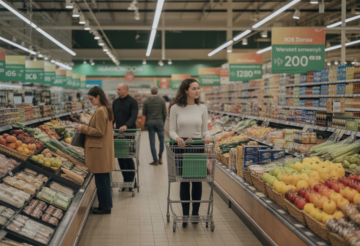 Inside a bright and spacious UK supermarket with shoppers selecting fresh produce and groceries from well-organised shelves.